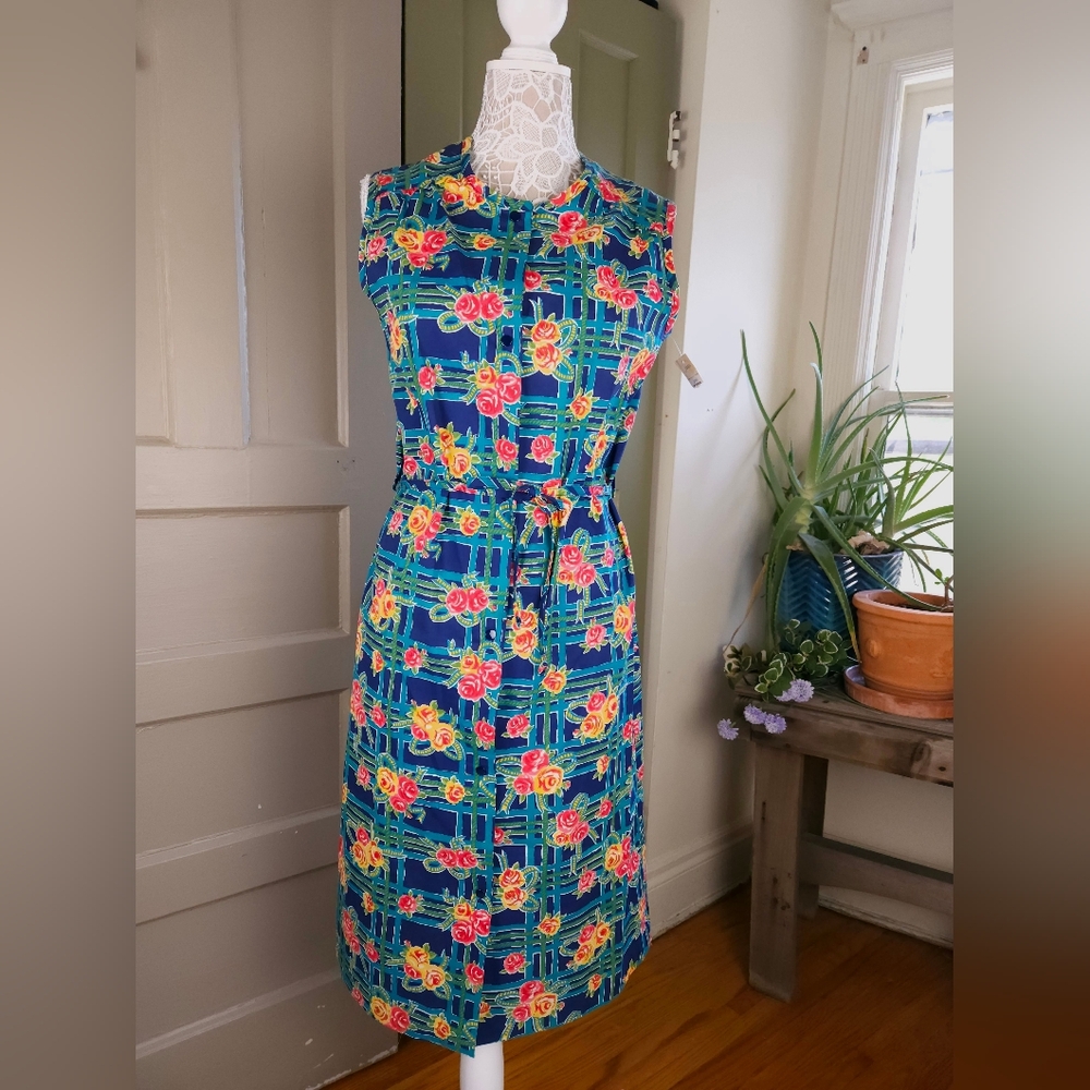 Smart Time Vintage 80s Navy Floral Belted Dress NEW Snap Front Women's Small